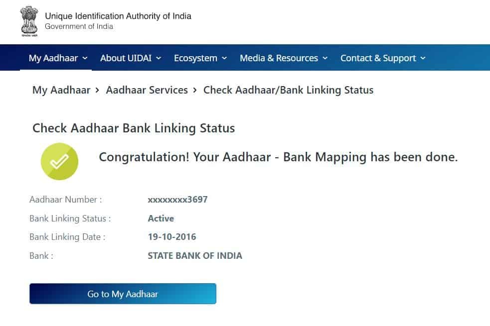 aadhaar linking status bank