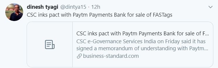 csc paytm bank mou for sale of fastag vle society