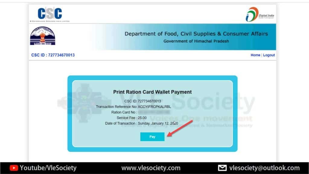 csc ration card payment vle society
