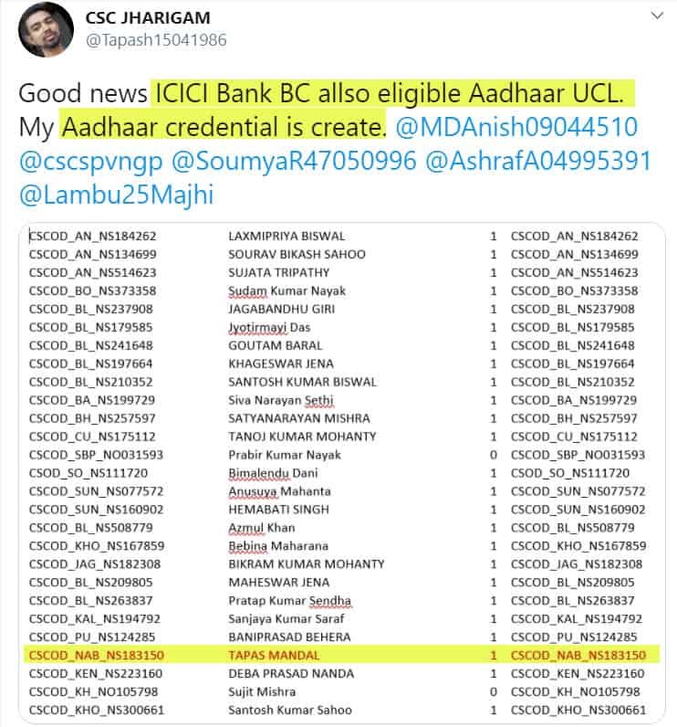 csc icici bank bc ucl aadhaar credential created