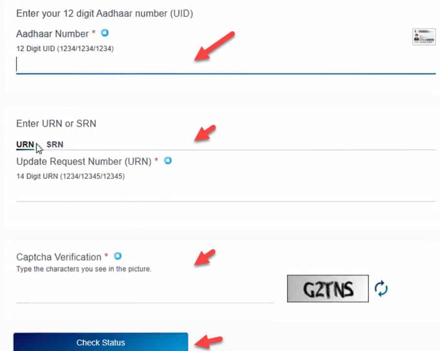 online aadhaar card correction update request status check