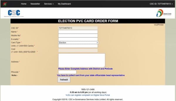 fill address name and election pvc card order quantity and make payment