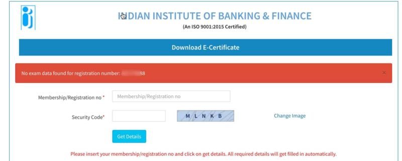 iibf exam certificate no data found